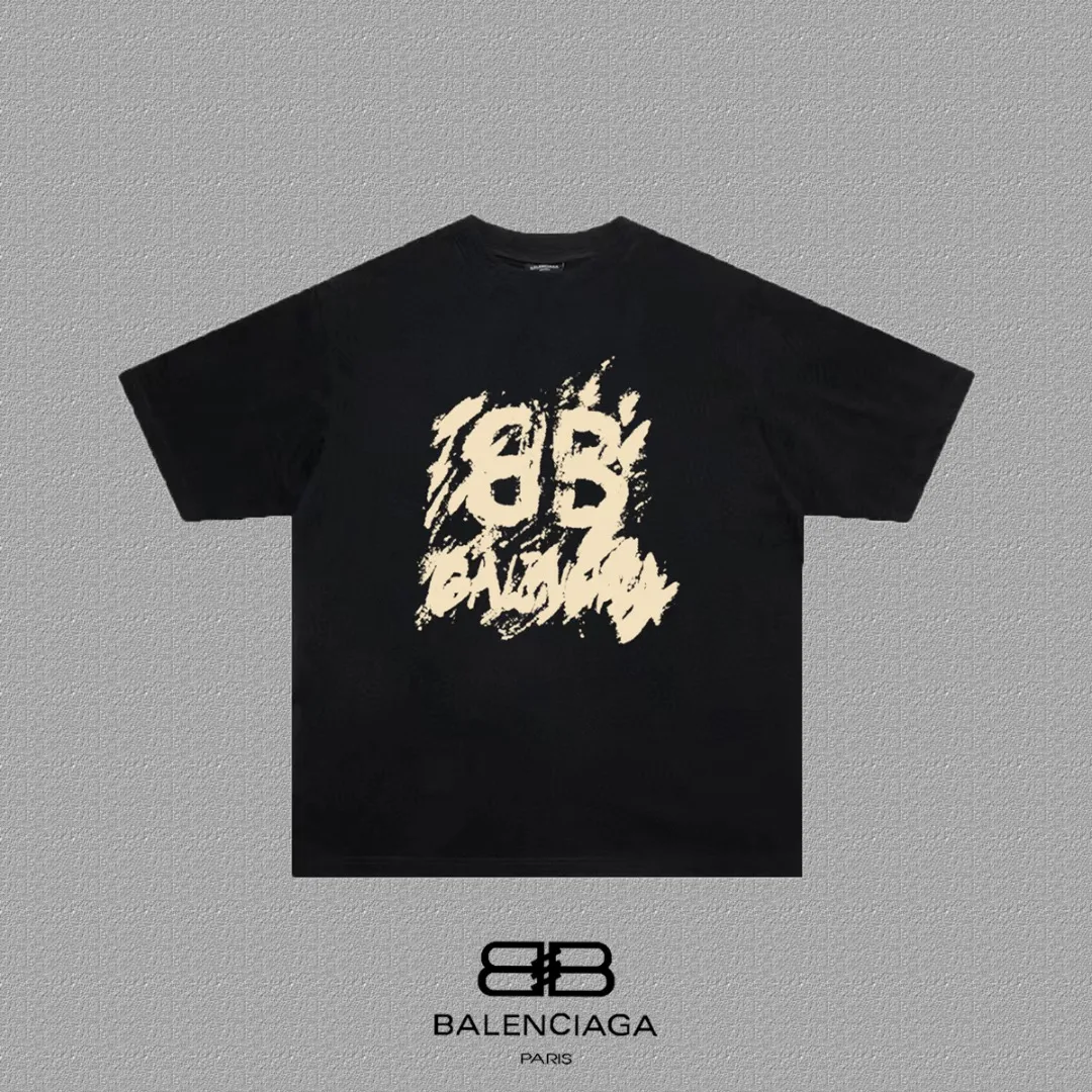 P80✨🔥 BALENCIAGA Paris lettering printed short-sleeved T-shirt, custom-woven and dyed 280g combed cotton heavyweight fabric, zero color difference in thread, perfect details, different from the current version on the market, welcome to compare, Same Style for men and women, must-sell in the picture above Color: White Black Size: 1 2 3 4